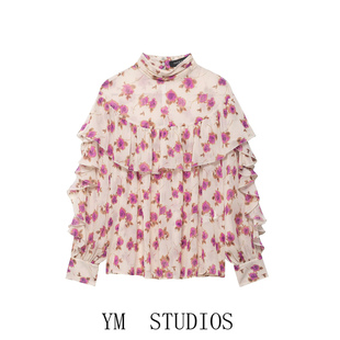 欧美女装   欧美风小立领印花衬衫女长袖荷叶边叠层装饰套头罩衫