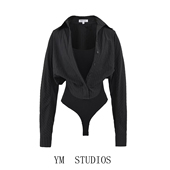 连体衣御姐打底衫 欧美女装 潮 衬衫 式 美式 高街假两件吊带拼接长袖