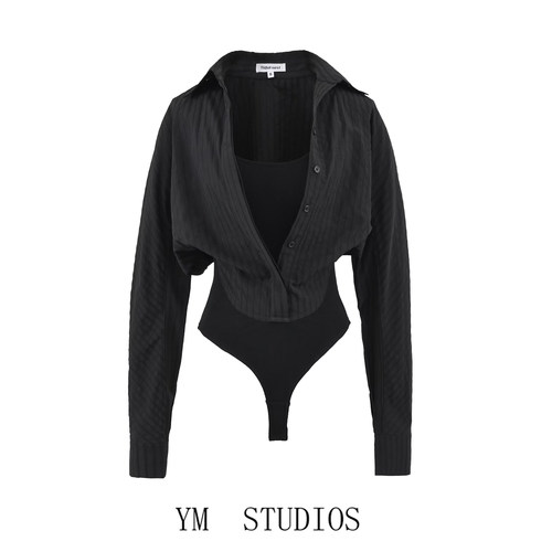 假两件吊带拼接长袖衬衫式连体衣