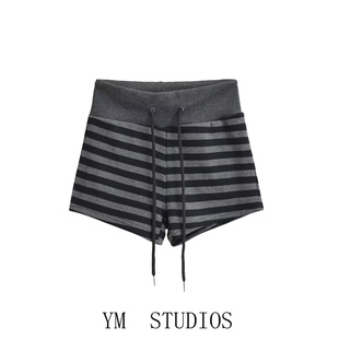 女辣妹运动休闲热裤 复古螺纹腰拼接系带条纹短裤 美式 欧美女装