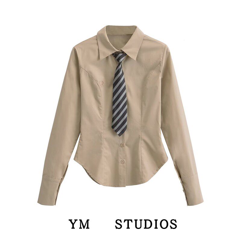 【包邮】校园风春款带领带设计学妹衬衫绣花长袖收腰学姐打底衫女