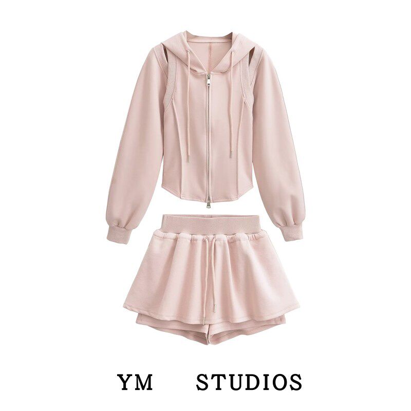 【包邮】学院双拉链镂空修身连帽卫衣外套lulu运动荷叶摆短裤裙裤