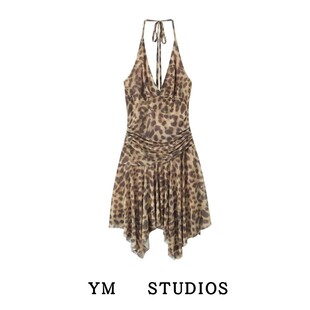 【包邮】辣妹风复古豹纹印花网纱挂脖吊带裙不规则性感小众连衣裙