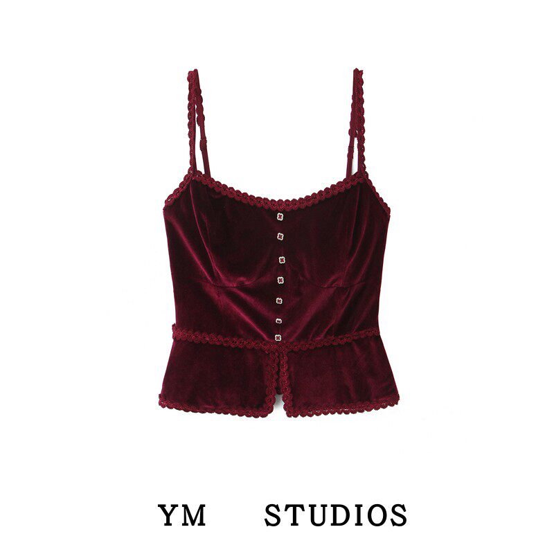 【包邮】法式复古蕾丝花边纽扣饰丝绒吊带内搭性感辣妹背心打底衫