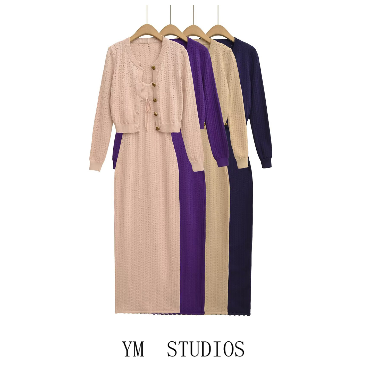 欧美女装  法式小香风短款外搭针织开衫高腰温婉风吊带连衣裙套装