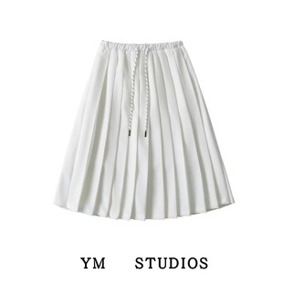 白色抽绳系带百褶裙校园风中长款 英同款 张元 辣妹半身裙 包邮