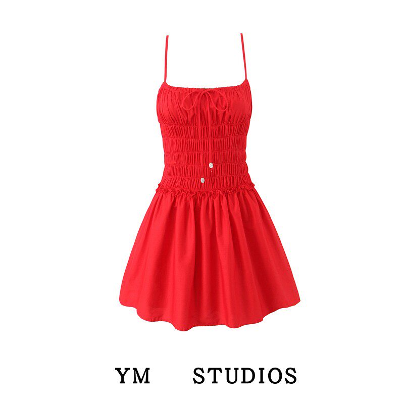 【包邮】法式性感红色松紧打揽吊带连衣裙小个子收腰抹胸沙滩短裙