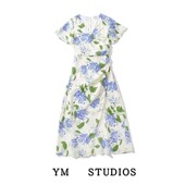 高腰纯色连衣裙减龄长款 设计款 防晒裙打底裙 女装 V领短袖 时尚 新款