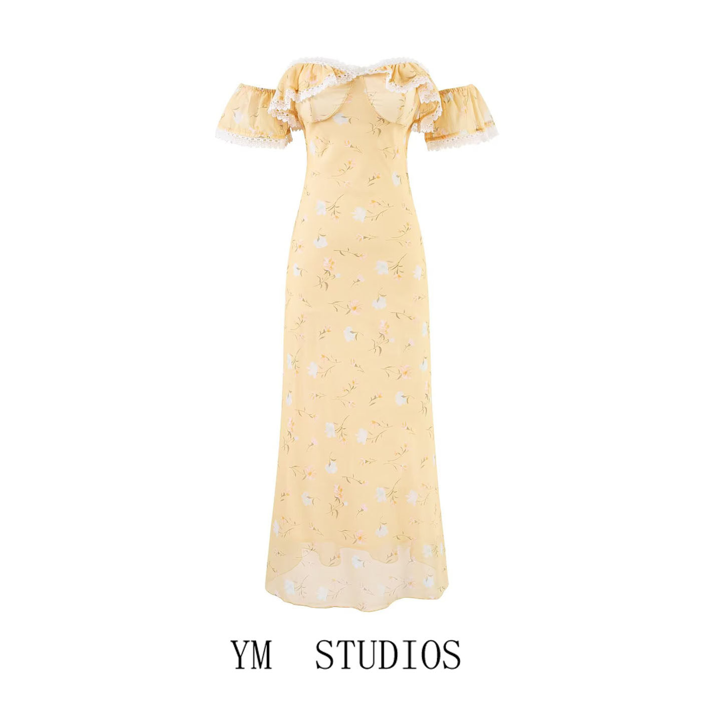 【包邮】黄色碎花蕾丝拼接胸型抹胸连衣裙女夏新甜美泰国拍照长裙