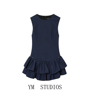 欧美女装  美式校园风复古格纹无袖连衣裙荷叶边叠层收腰迷你短裙