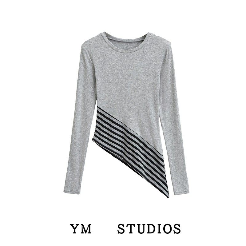 【包邮】ins辣妹条纹拼接下摆不对称斜边长袖打底衫女个性T恤春潮