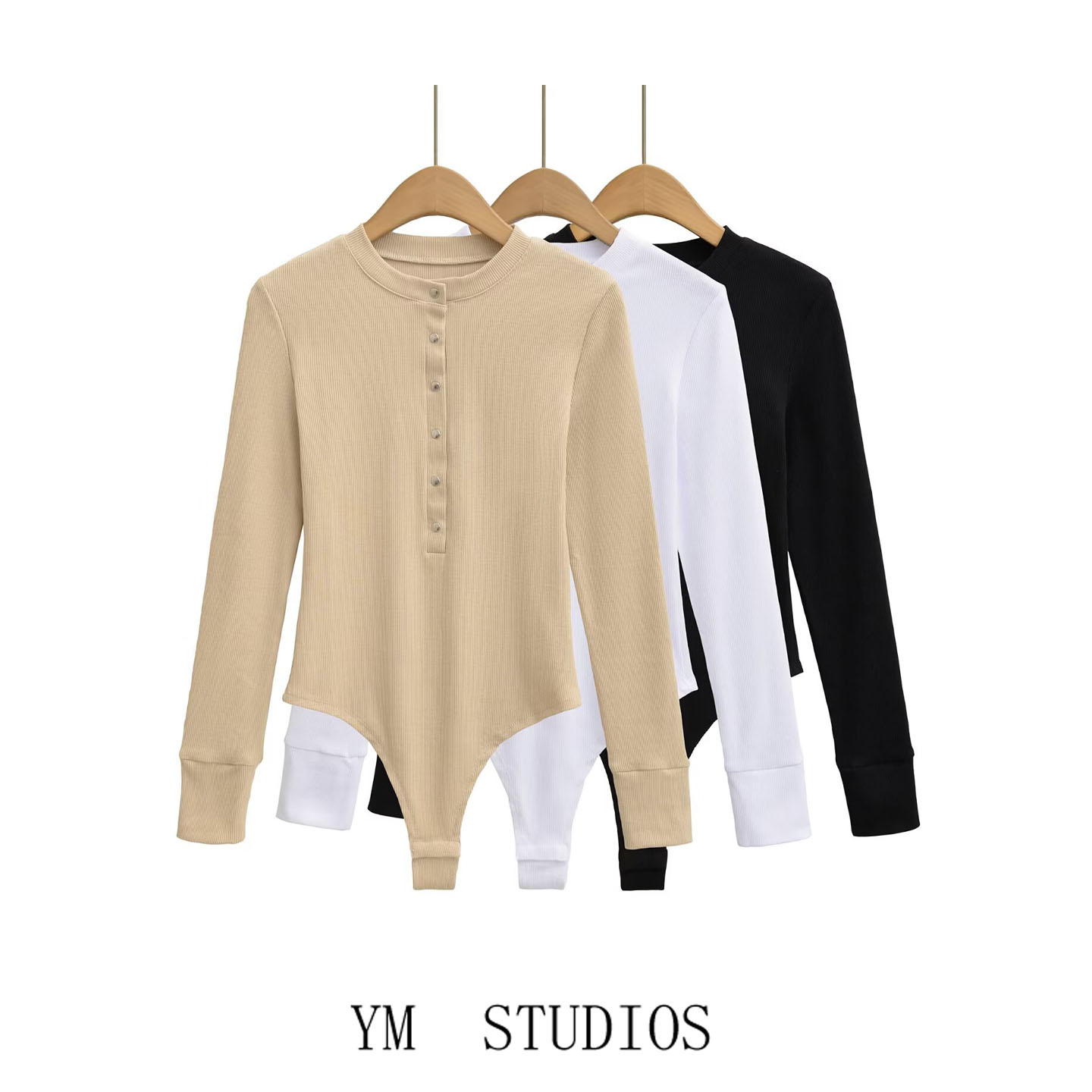 半襟领纽扣长袖连体衣女