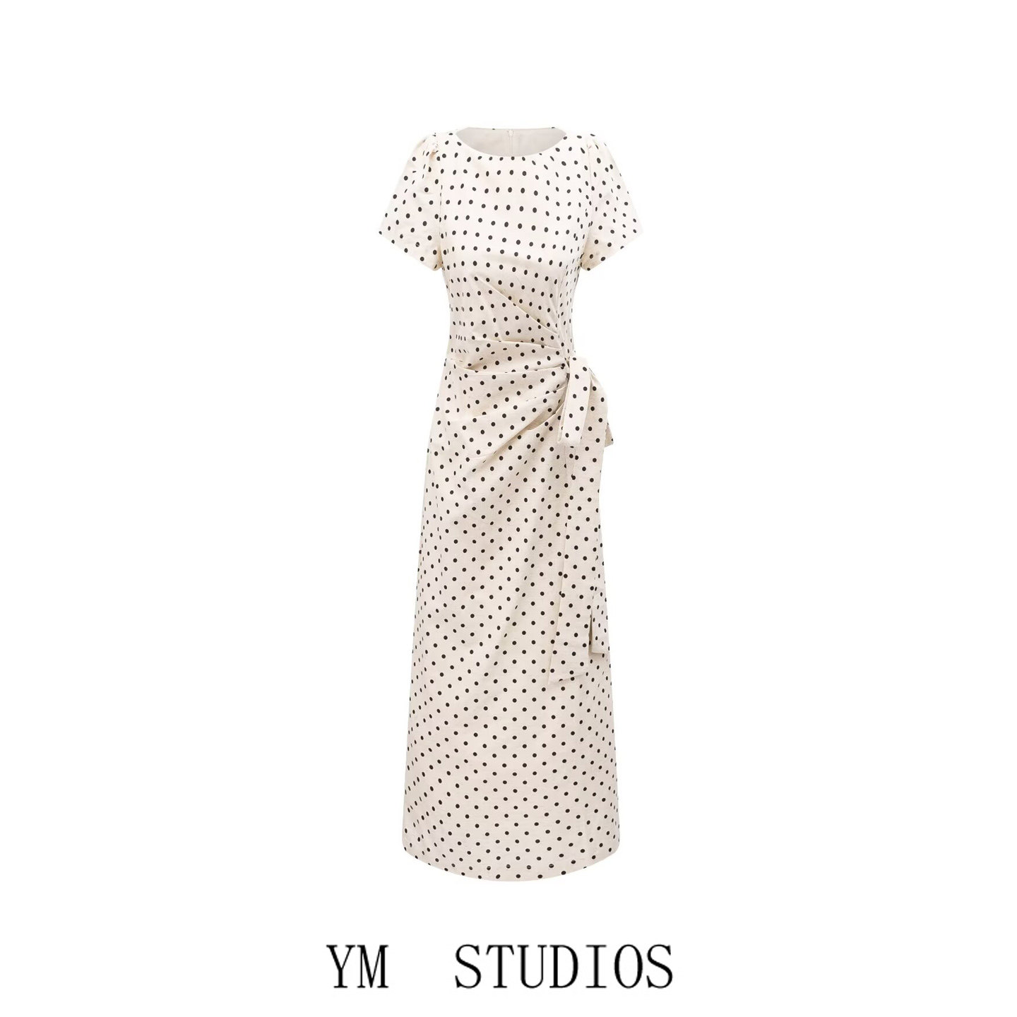 欧美女装   千金风复古圆领短袖系带掐腰波点连衣裙名媛开叉长裙