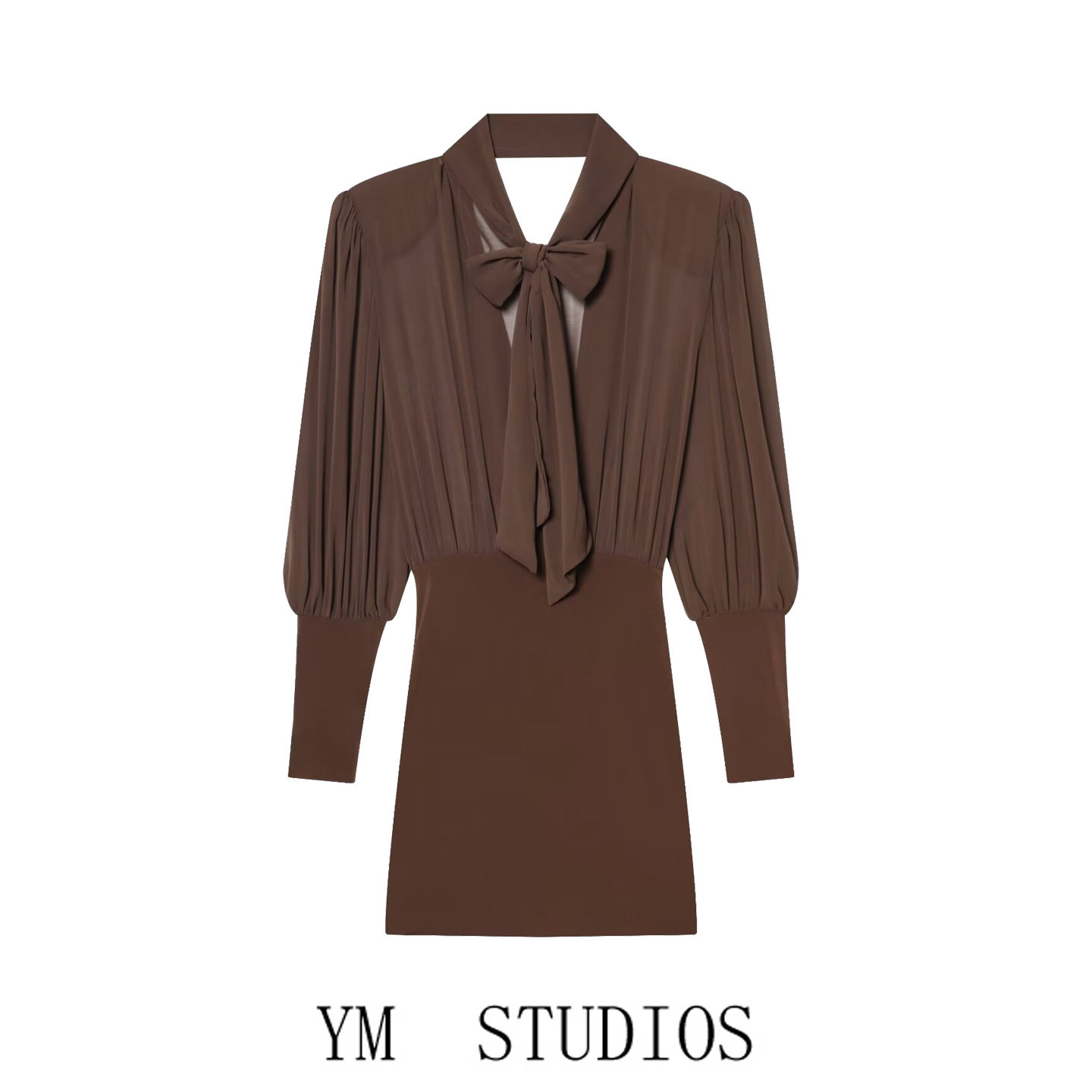 欧美女装  轻熟系带领雪纺拼接连衣裙长袖堆堆露背知性女人味短裙