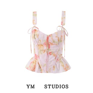 【包邮】粉色初恋系鱼骨印花收腰吊带衫外穿辣妹少女感沙滩背心潮