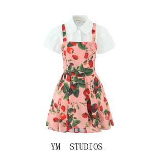 【包邮】杨超越同款法式甜美白色泡泡袖衬衫草莓印花吊带连衣裙潮