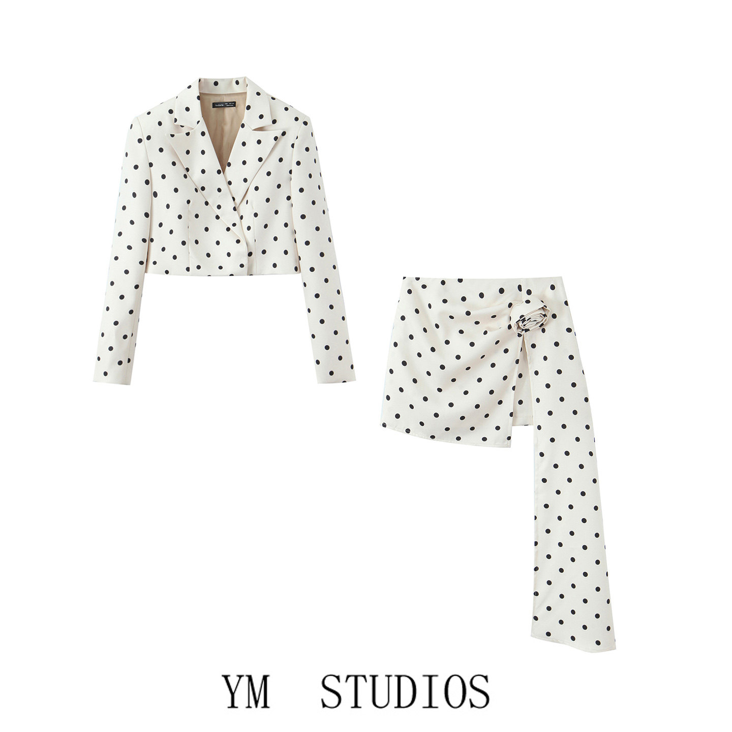 欧美女装   法式波点宽肩短款西装外套+不规则花苞飘带半身裙套装