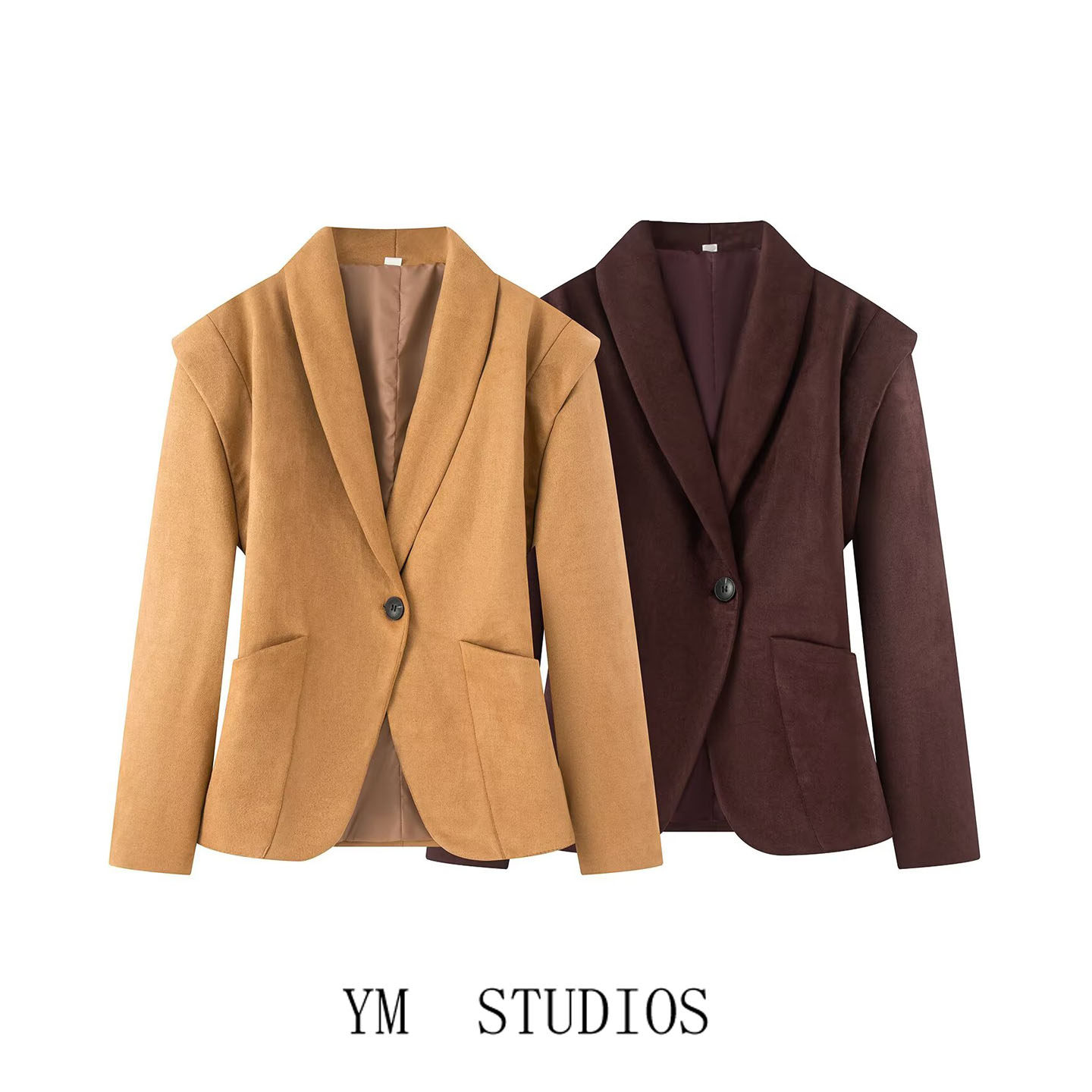 欧美女装  美式复古西装领垫肩麂皮绒收腰外套女2025新高级感上衣