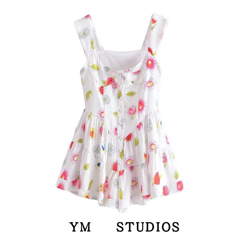 泰式小众风甜美清甜印花连衣裙夏季辣妹法式小个子收腰沙滩裙裤潮