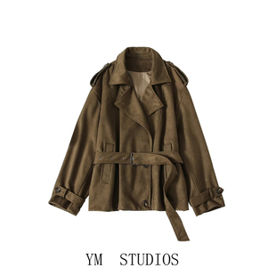 欧美女装 美式麂皮绒绒面质感短款风衣外套女秋季系腰带休闲上衣