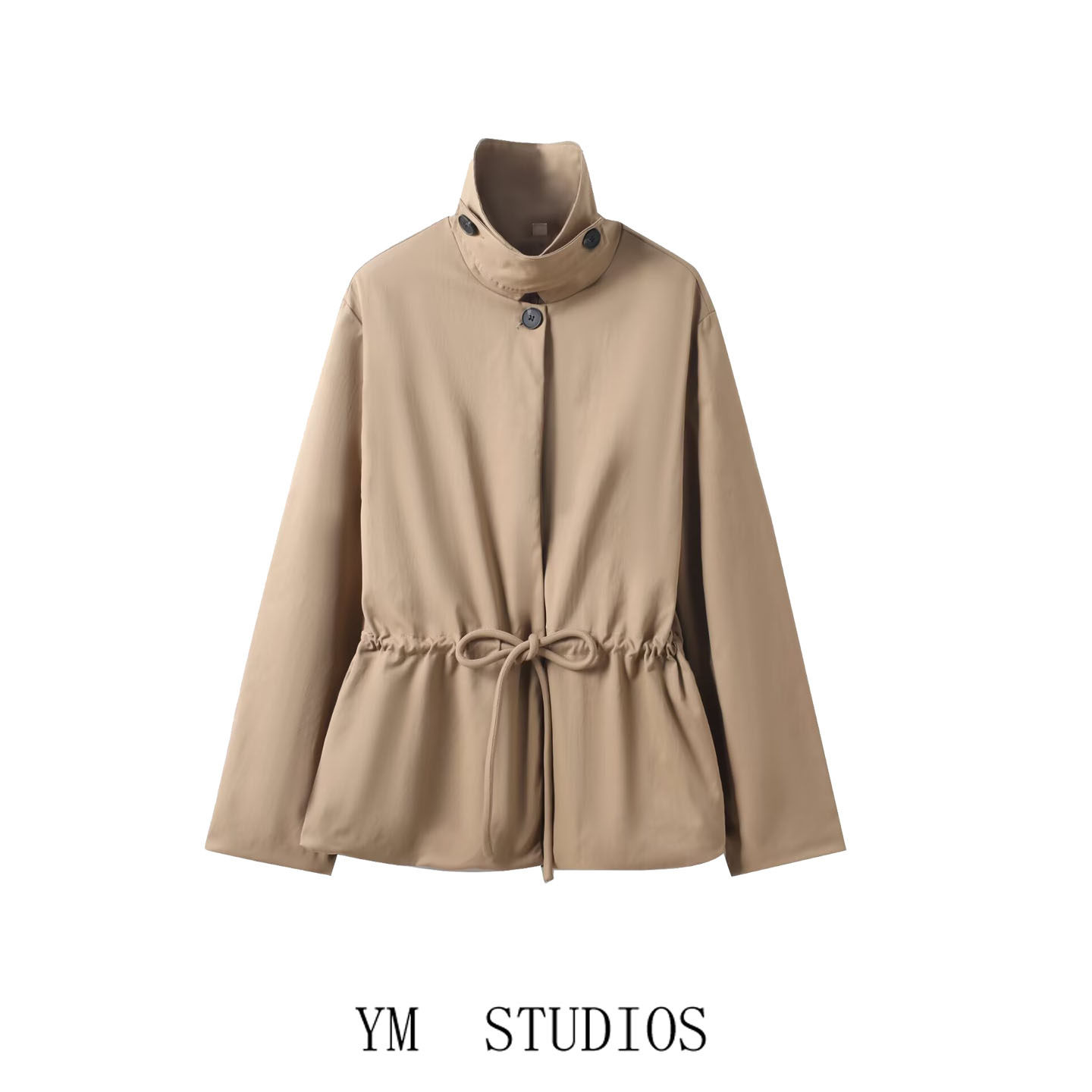 欧美女装   工装风立领抽绳收腰宽松派克服女春秋季休闲卡其外套