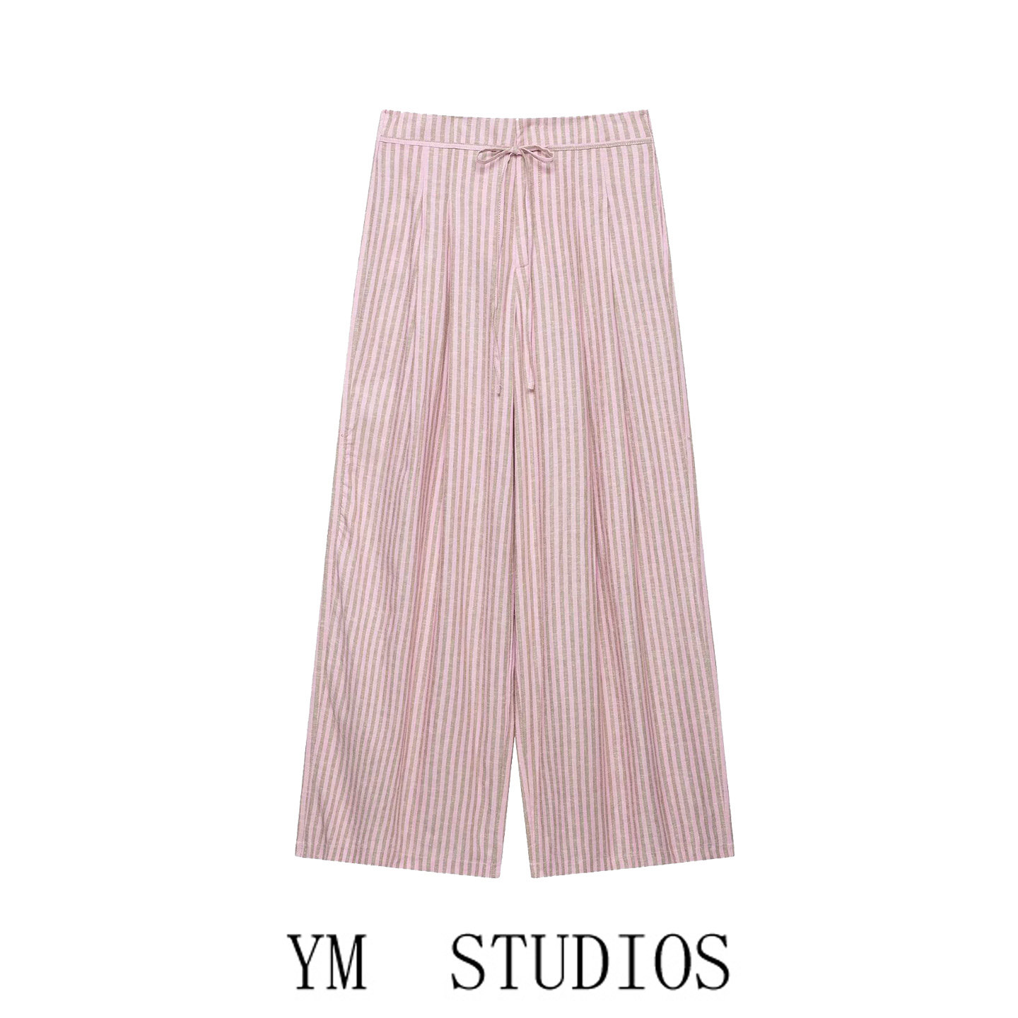 夏季粉色条纹系带阔腿遛弯裤女