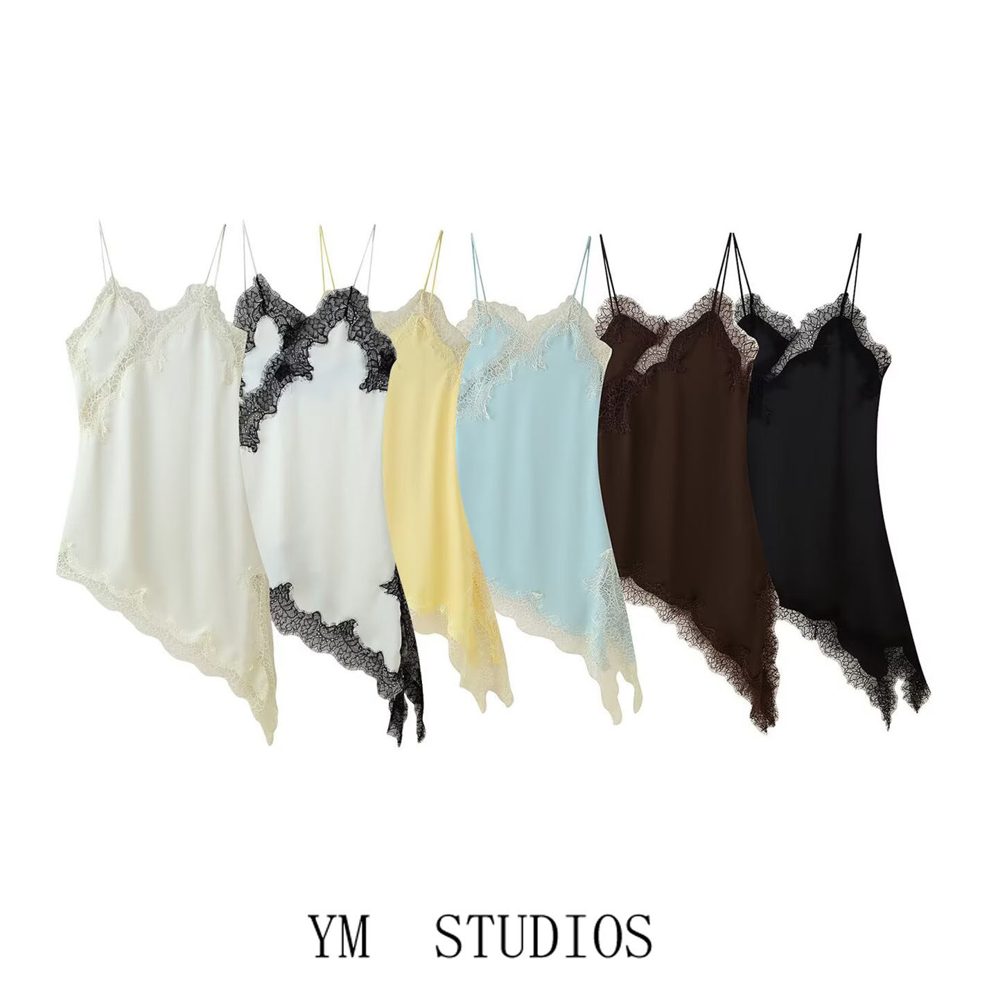 欧美女装  法式性感不对称斜边睫毛蕾丝拼接吊带连衣裙性感背心裙