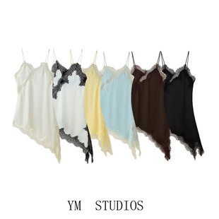 欧美女装  法式性感不对称斜边睫毛蕾丝拼接吊带连衣裙性感背心裙