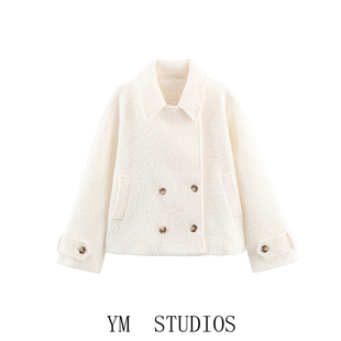 欧美 女装  奶油毛圈圈呢短款双排扣外套女小个子翻领气质大衣春