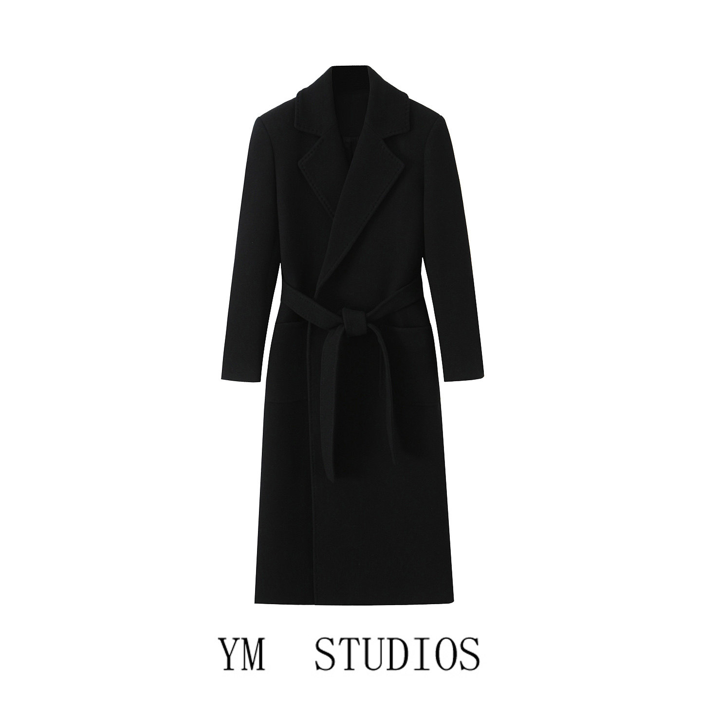 欧美女装   极简风黑色西装领系带毛呢大衣女中长款收腰气质外套