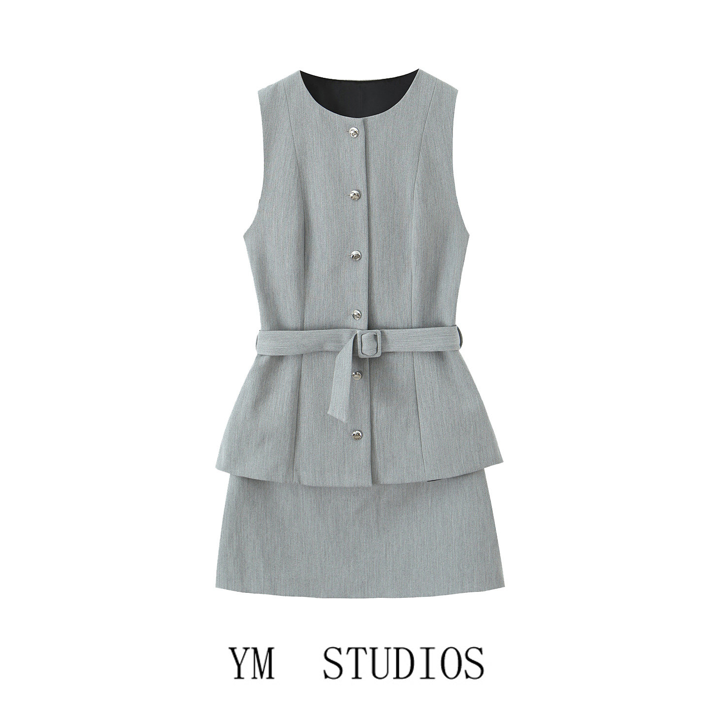 欧美女装   职业通勤穿搭无袖连衣裙设计感腰带饰两件套效果短裙