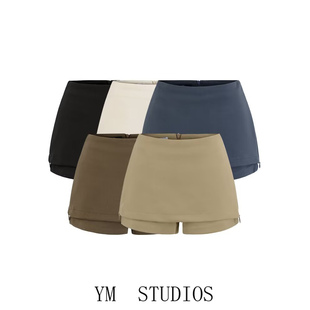 欧美女装   设计款拉链挺阔人字斜纹呢短裤女春装四季假两件裙裤