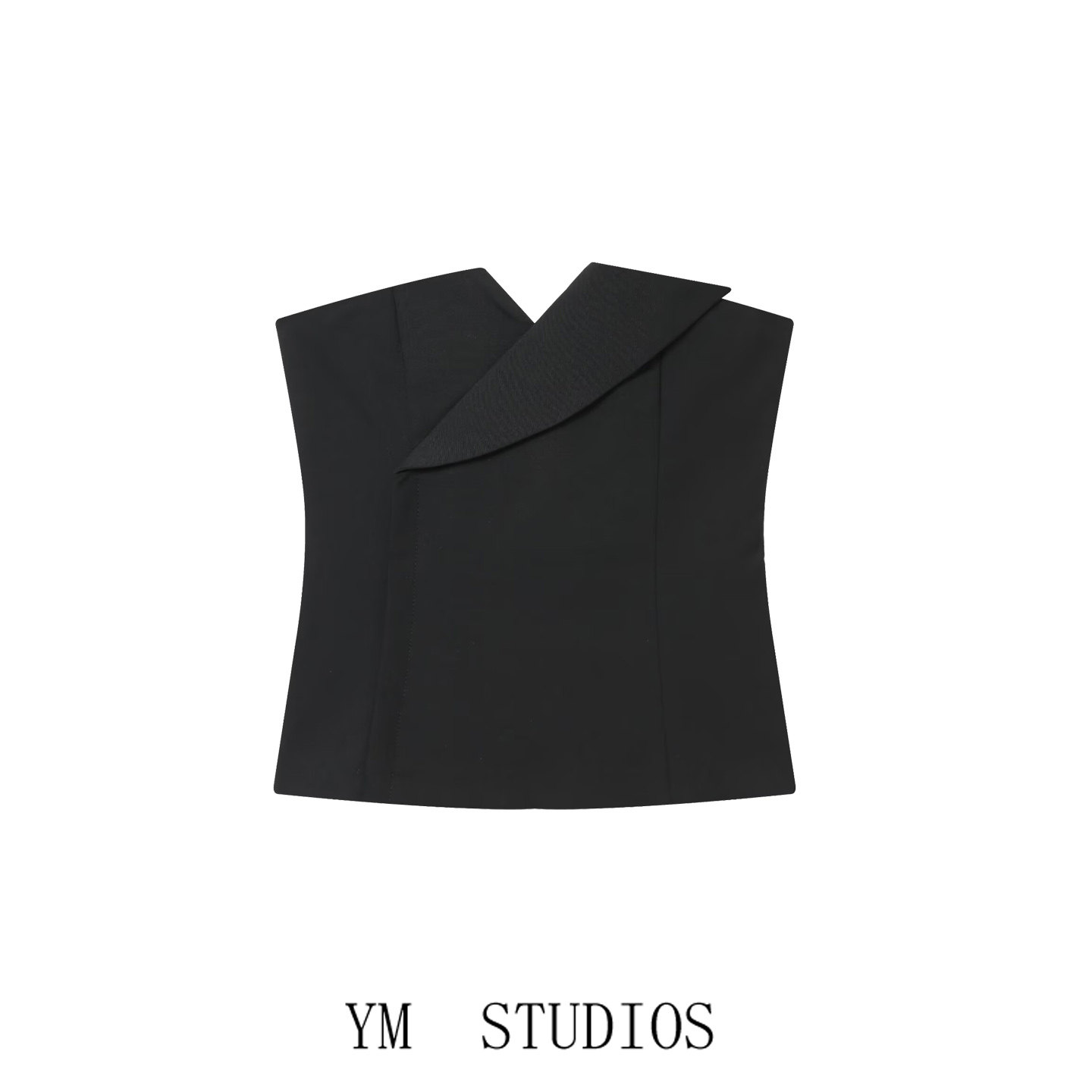 欧美女装   轻熟OL风黑色翻折抹胸上衣女高级感职场干练背心短款