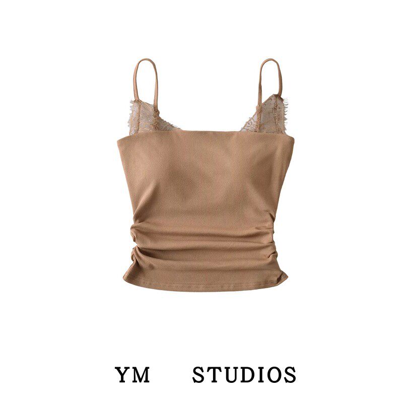 【包邮】纯欲风蕾丝花边拼接带胸垫吊带背心女细肩带捏褶内搭打底