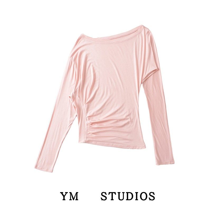 【包邮】面膜既视感收褶斜肩长袖罩衫慵懒风软糯个性T恤打底衫女