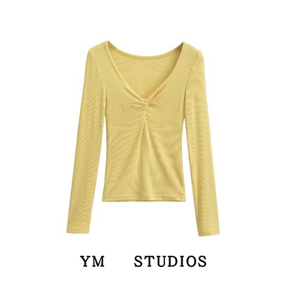 前胸扭结交叉设计长袖T恤