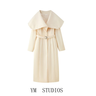 大翻领毛呢大衣女长款收腰