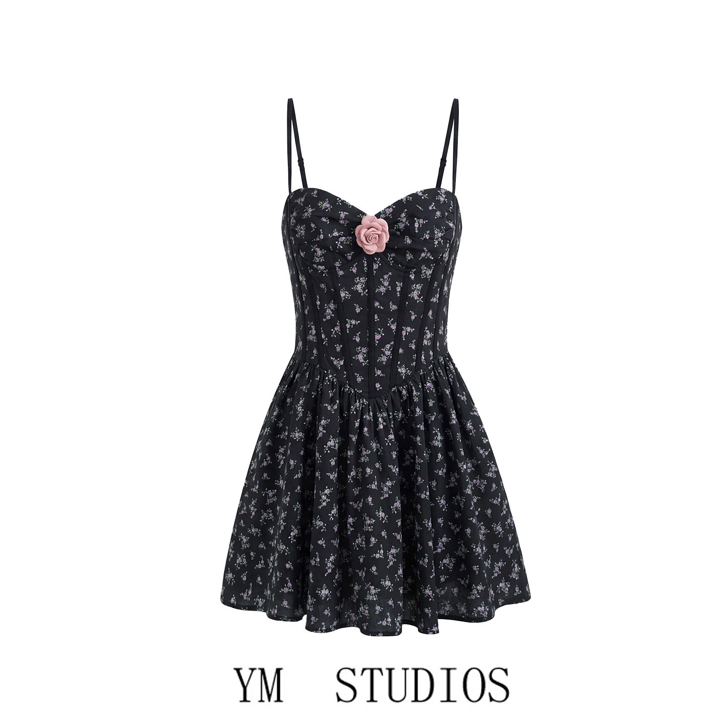 欧美女装   法式辣妹风黑色碎花抹胸连衣裙立体花朵收腰蓬蓬短裙