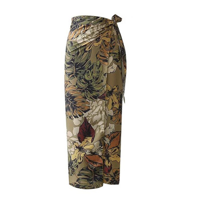 外贸女装法式风情复古印花围裹式