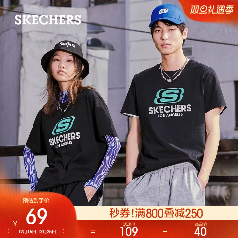 Skechers斯凯奇夏季针织短袖圆领T恤男女同款上衣户外运动休