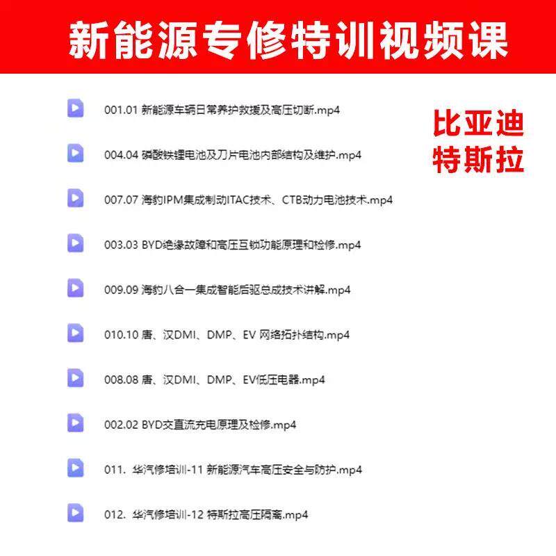比亚迪特斯拉新能源汽车汽修维修特训影片课程资料新能源资料