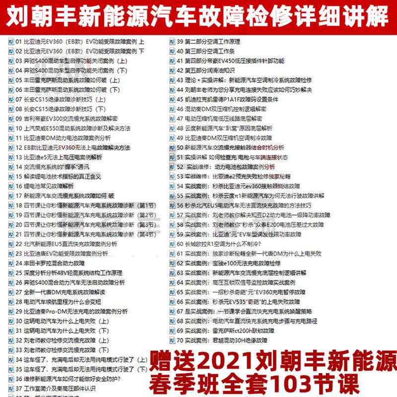 刘朝丰2021年新款课程新能源汽车维修资料纯电动混合动力影片教程