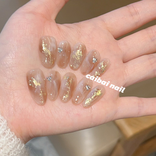 温柔裸透奶茶色美甲贴片金箔碎钻轻奢穿戴甲高级感假指甲