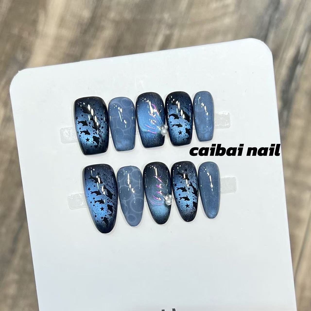 星空渐变蓝手工穿戴甲海豚星星极光美甲贴片珍珠装饰显白长甲甲片