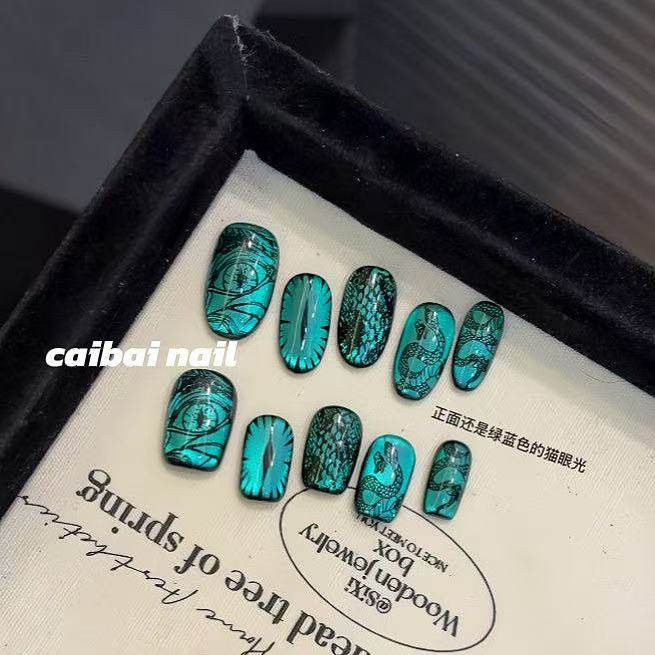 纯手工【变色龙】酷辣蛇纹高级变色猫眼印花设计感手绘瞳孔穿戴甲