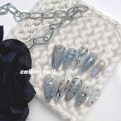 赛博星云 高级清冷感月光灰蓝色穿戴甲极光猫眼钻饰星星月亮