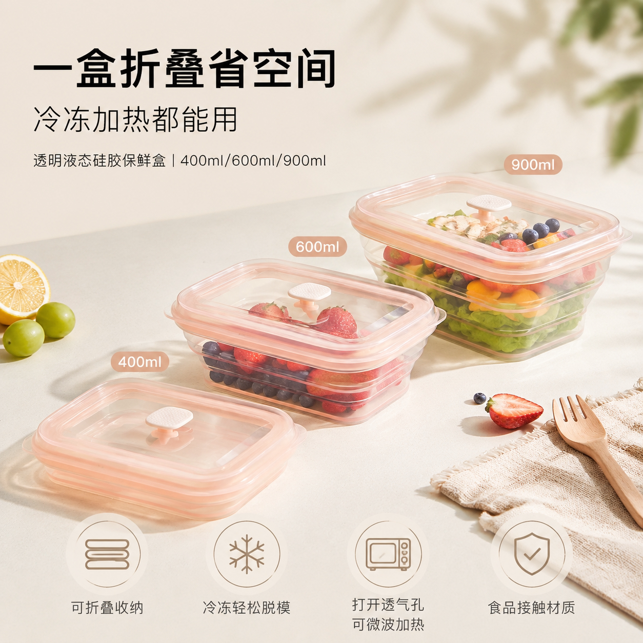 铂金硅胶保鲜盒饭盒微波炉加热密封水果便当食品级外带折叠收纳盒