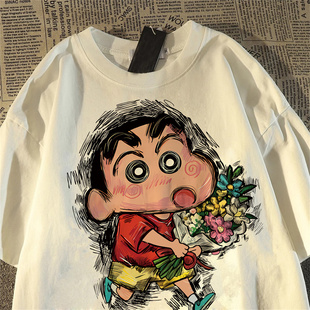 日系复古送花蜡笔小新短袖t恤男女夏宽松vintage纯棉百搭半袖上衣