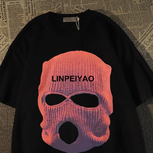 宽松潮牌痞帅炸街半袖 t恤男女夏季 上衣 高街蒙面悍匪纯棉短袖 美式