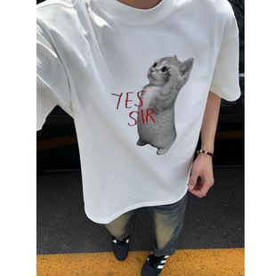 美式复古敬礼猫咪短袖t恤男夏季新款小众高级感oversize宽松上衣